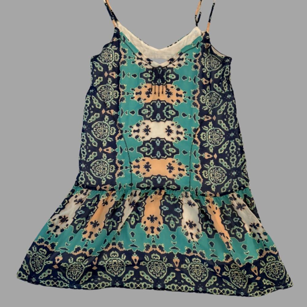 GRAY Saks Fifth Avenue Boho Sundress XS Teal Navy Medallion Drop Waist
